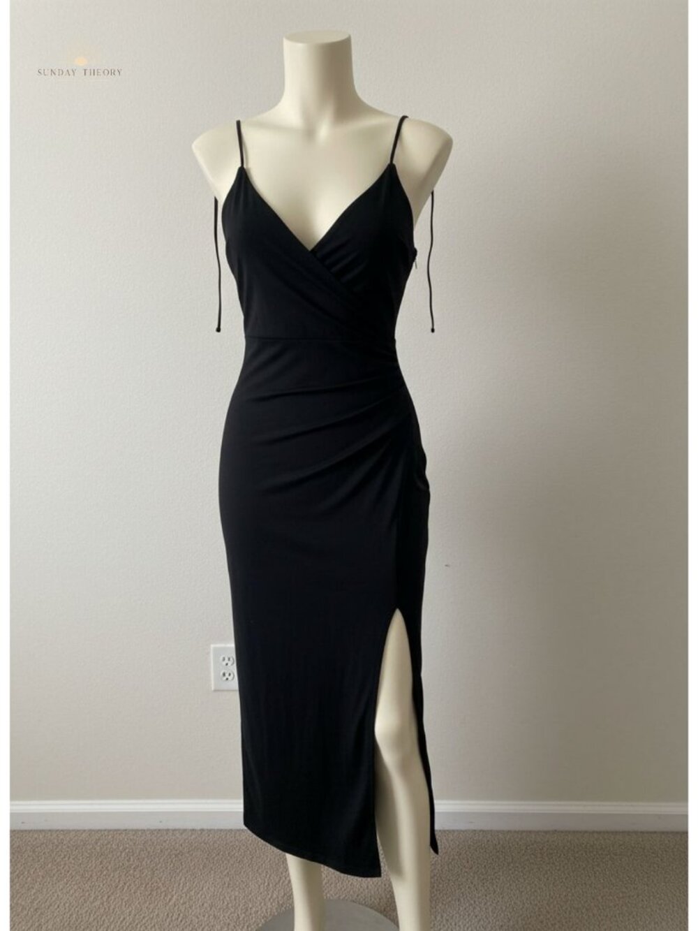 Sexy V Neck Spaghetti Strap Wrap Ruched Bodycon Cocktail Dress with Side Slit